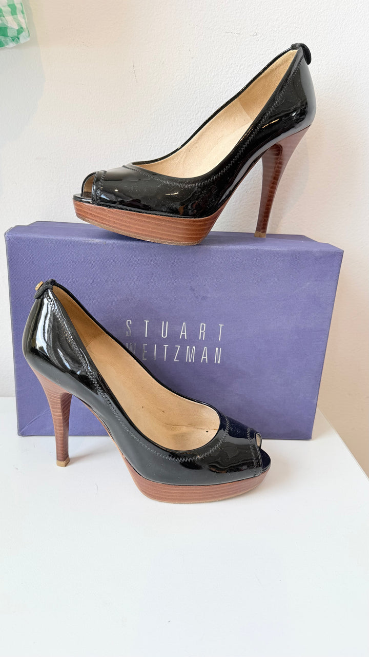 Stuart Weitzman Black Patent Analine Platform Pump Peep Toe Pumps Size 37.5
