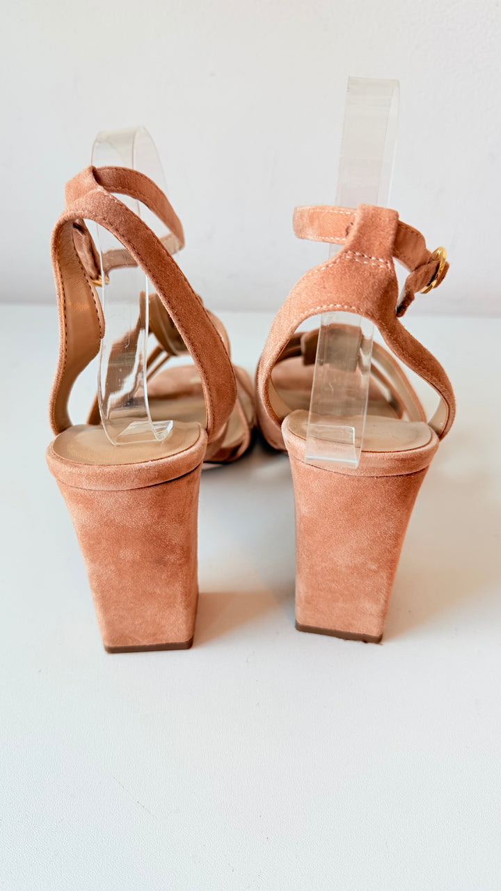Ann Taylor Arnetta Tan Suede Block Heel Strappy Sandals Size 9