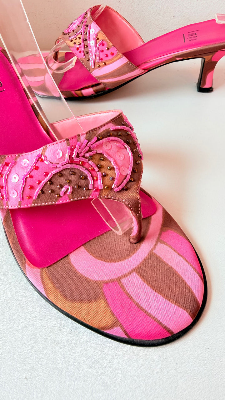 Vintage Impo Pink & Brown Sequin Thong Heeled Sandals Size 8.5