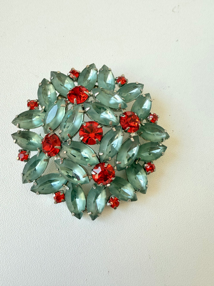 Vintage Rhinestone Brooch In Aqua Blue & Red