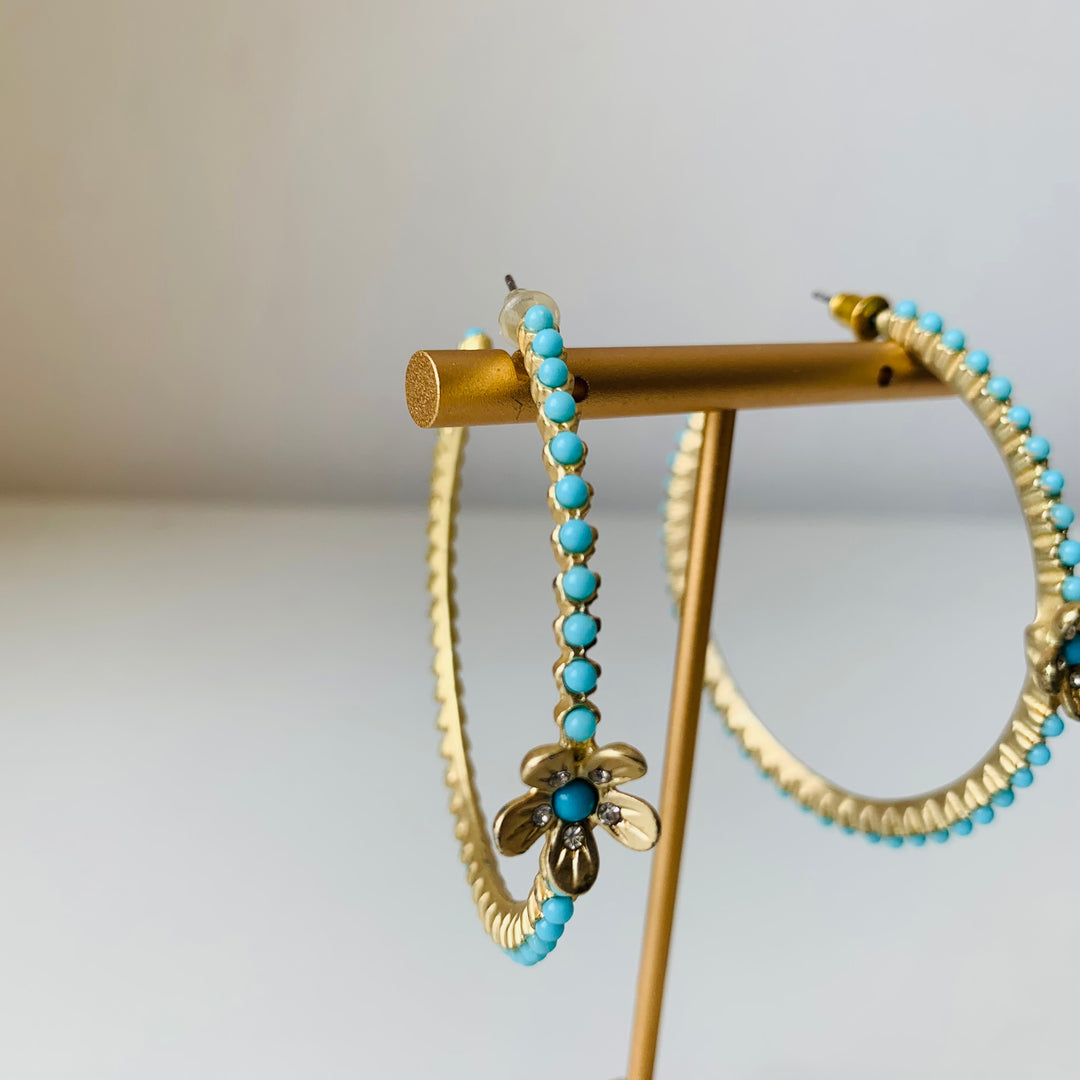 Gold & Turquoise Floral Hopp Pierced Earrings