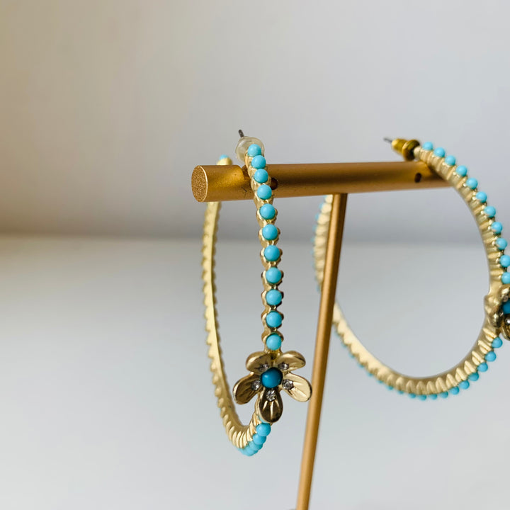 Gold & Turquoise Floral Hopp Pierced Earrings