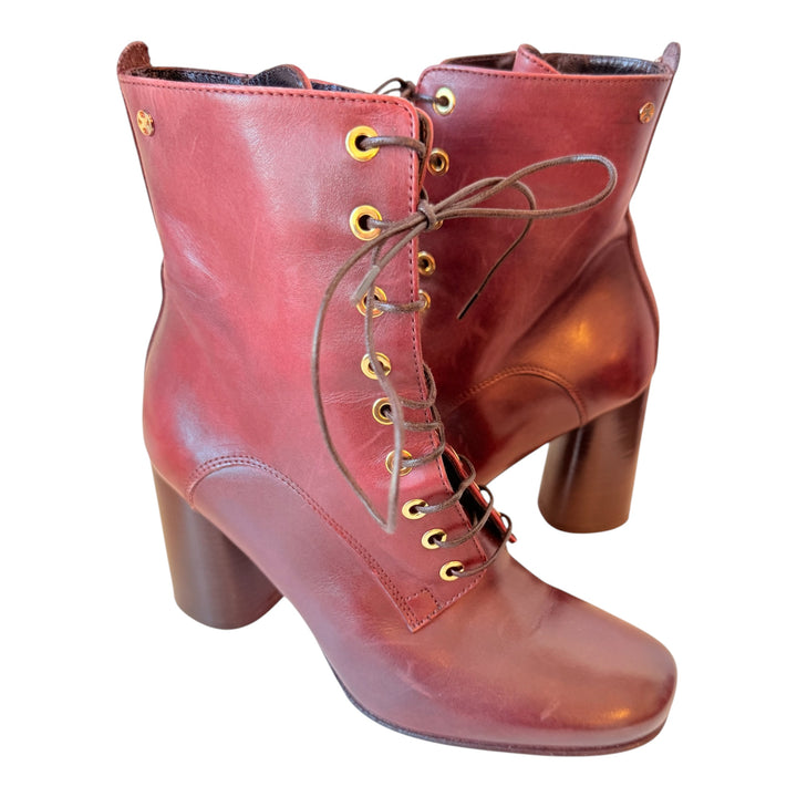 Capezanni Deep Brick Red Burnished Leather Lace Up Boots Size 37 ( Us 6.5)