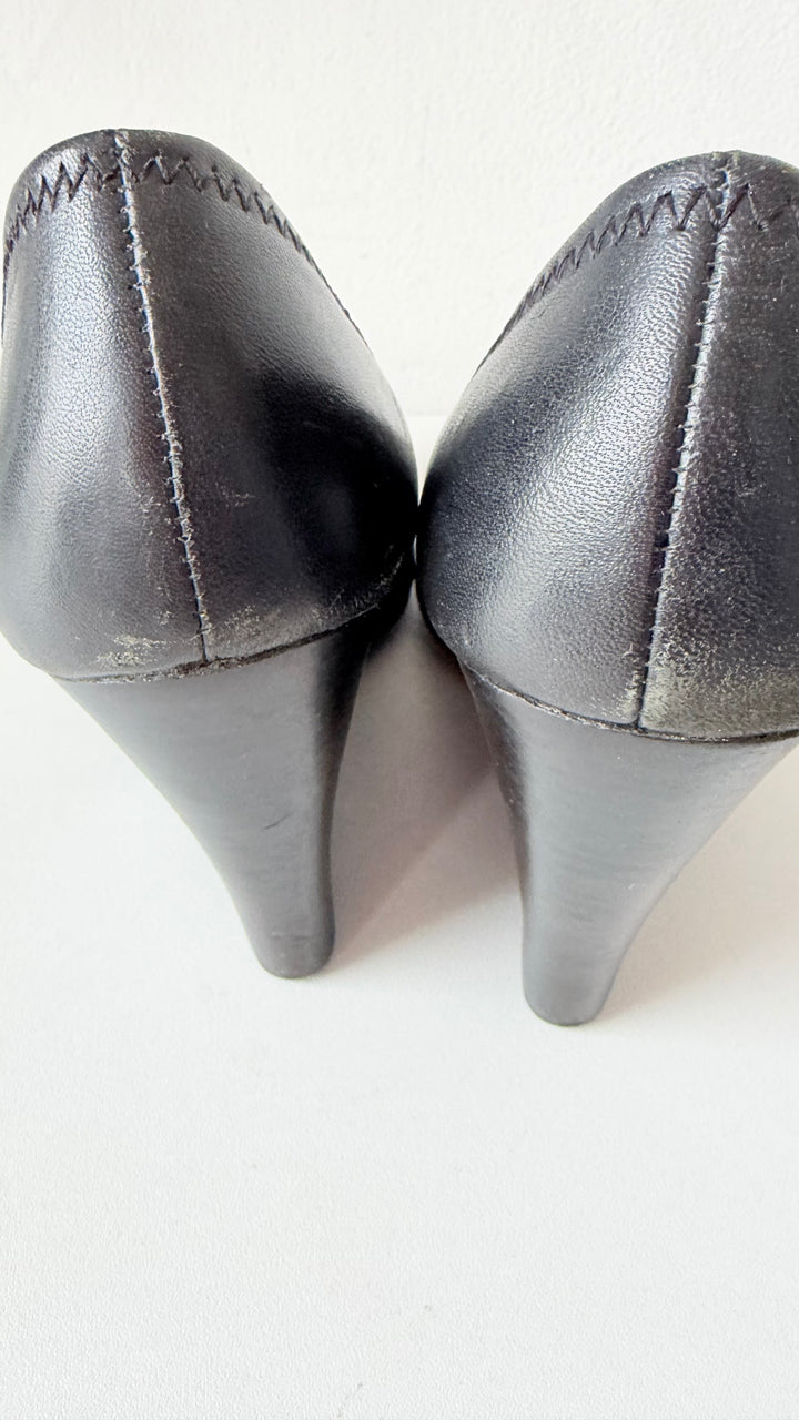 Tory Burch Sophie Black Leather Wedge Pumps Size 8.5