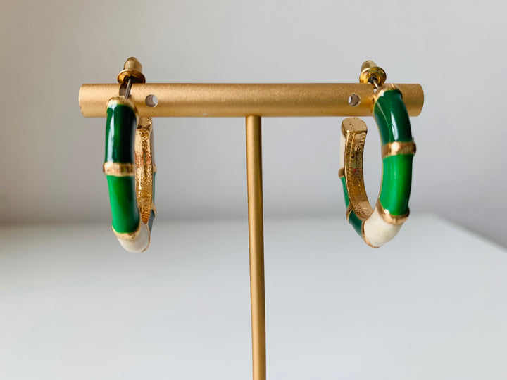 Green Enamel Earrings in Gold Tone