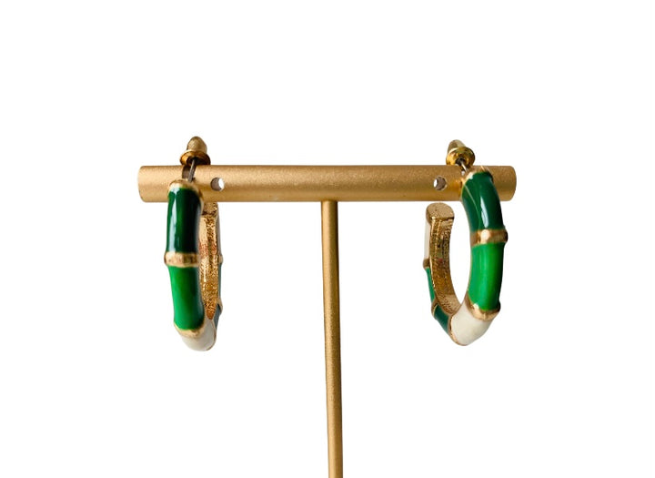 Green Enamel Earrings in Gold Tone