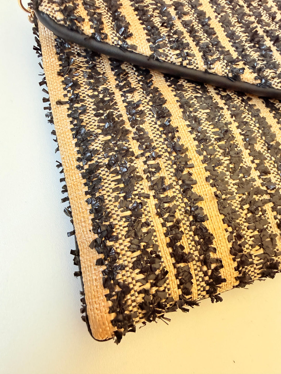 Black and Beige Raffia Vegan Clutch/Crossbody With Gold Chain