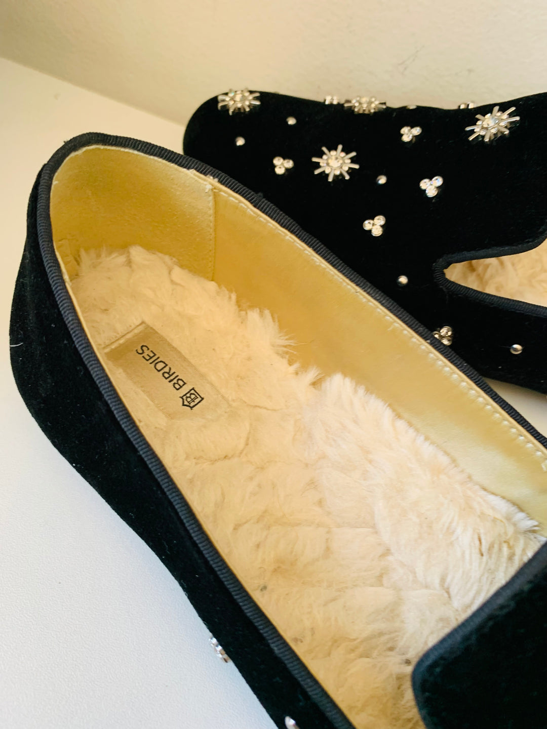 Birdies Black Starling Rhinestone Velvet Slip On Flats Size 10