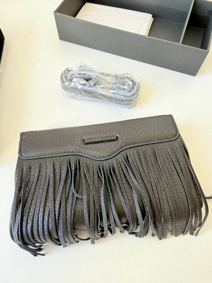 Rebecca Minkoff Casemate Universal Fringe Black Leather Crossbody Fits IPhone 6 & Most Smart Phones Up to 5”