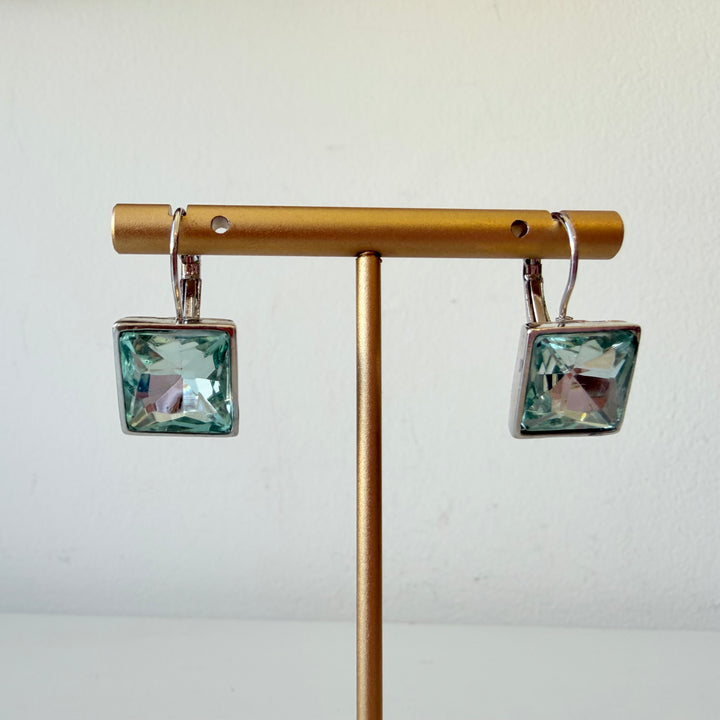 Silvertone Aqua Rhinestone Pierced Earrings