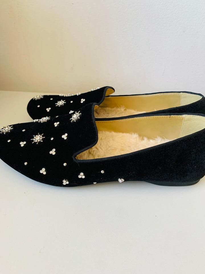 Birdies Black Starling Rhinestone Velvet Slip On Flats Size 10