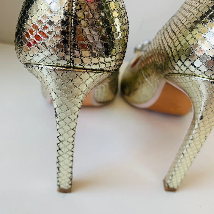 Ted Baker Elannam Crystal Embellished Pump In Gold Metallic Snakeskin Size 7.5