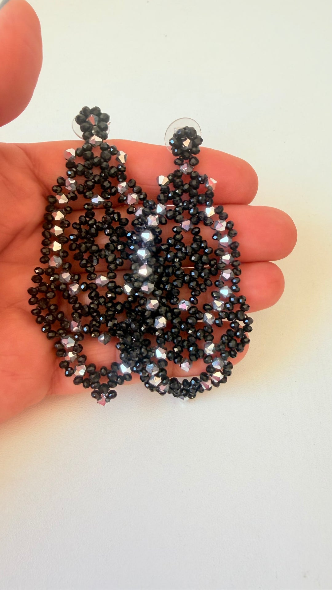 Ornate Beaded Black & Mettalic Silver Chandelier Pierced Earrings