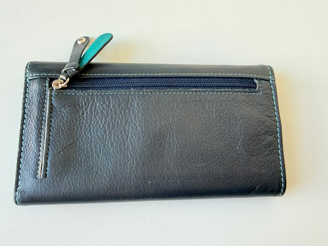 Bosca Leather Navy Blue & Aqua Fold Over Wallet