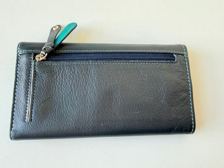 Bosca Leather Navy Blue & Aqua Fold Over Wallet