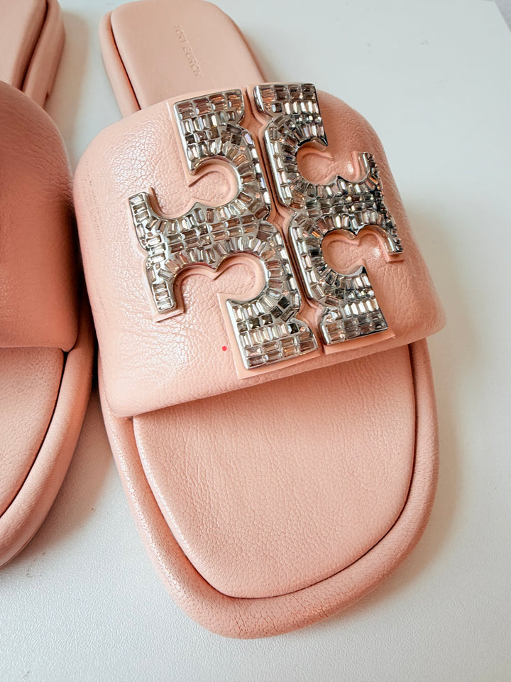 Tory Burch Double T Deco Rhinesone Sport Slides in Pink Goat Leather Size 8.5