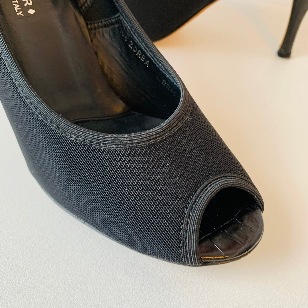 Donald J Pliner Couture Sand/Espresso Black Congo Mesh Elastic Prep Toe Pumps Size 8.5 Women’s