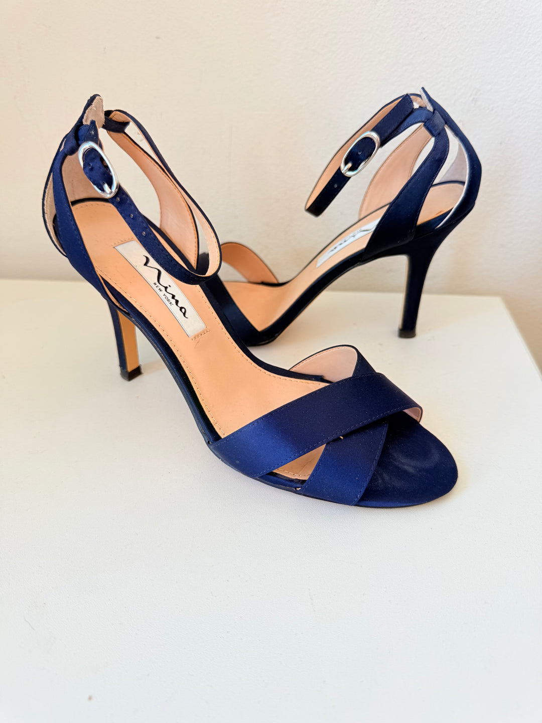 Nina Venus New Navy Satin Luster High Heel Ankle Strap Sandals Size 7M Women’s