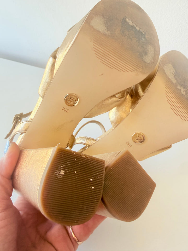 Michael Michael Kors Josie Gold Metallic Leather Knot Platform Open Toe Sandals Size 8