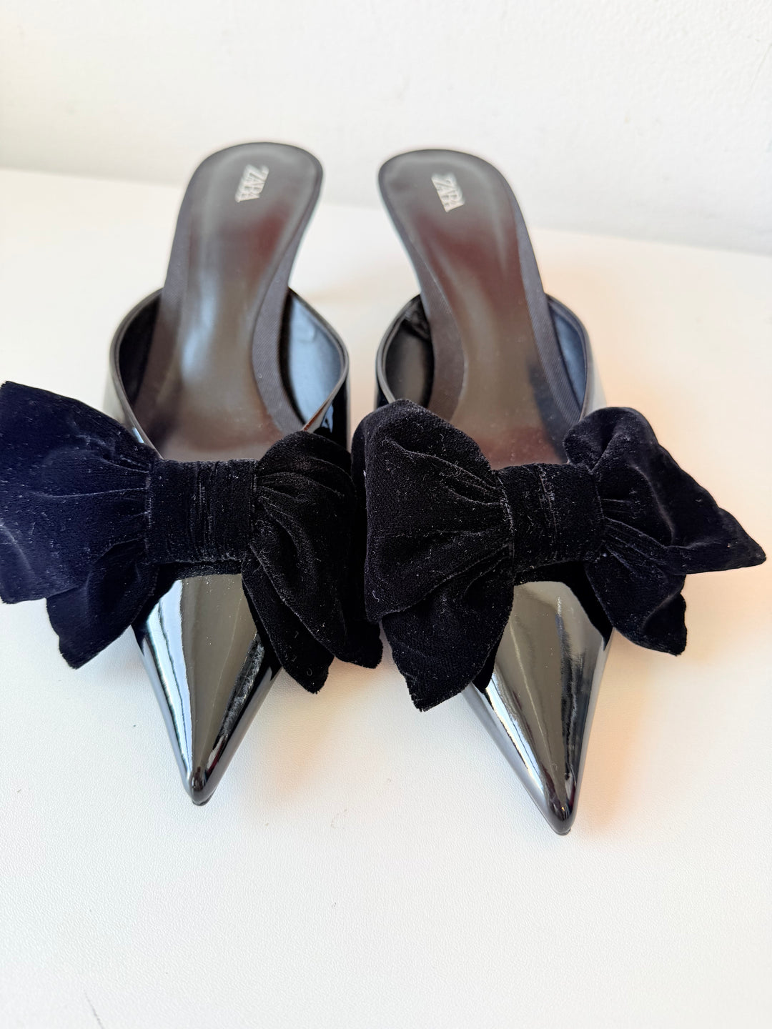 Zara Black Patent Bow Mule Heeled Kitten Heels Size 38 New