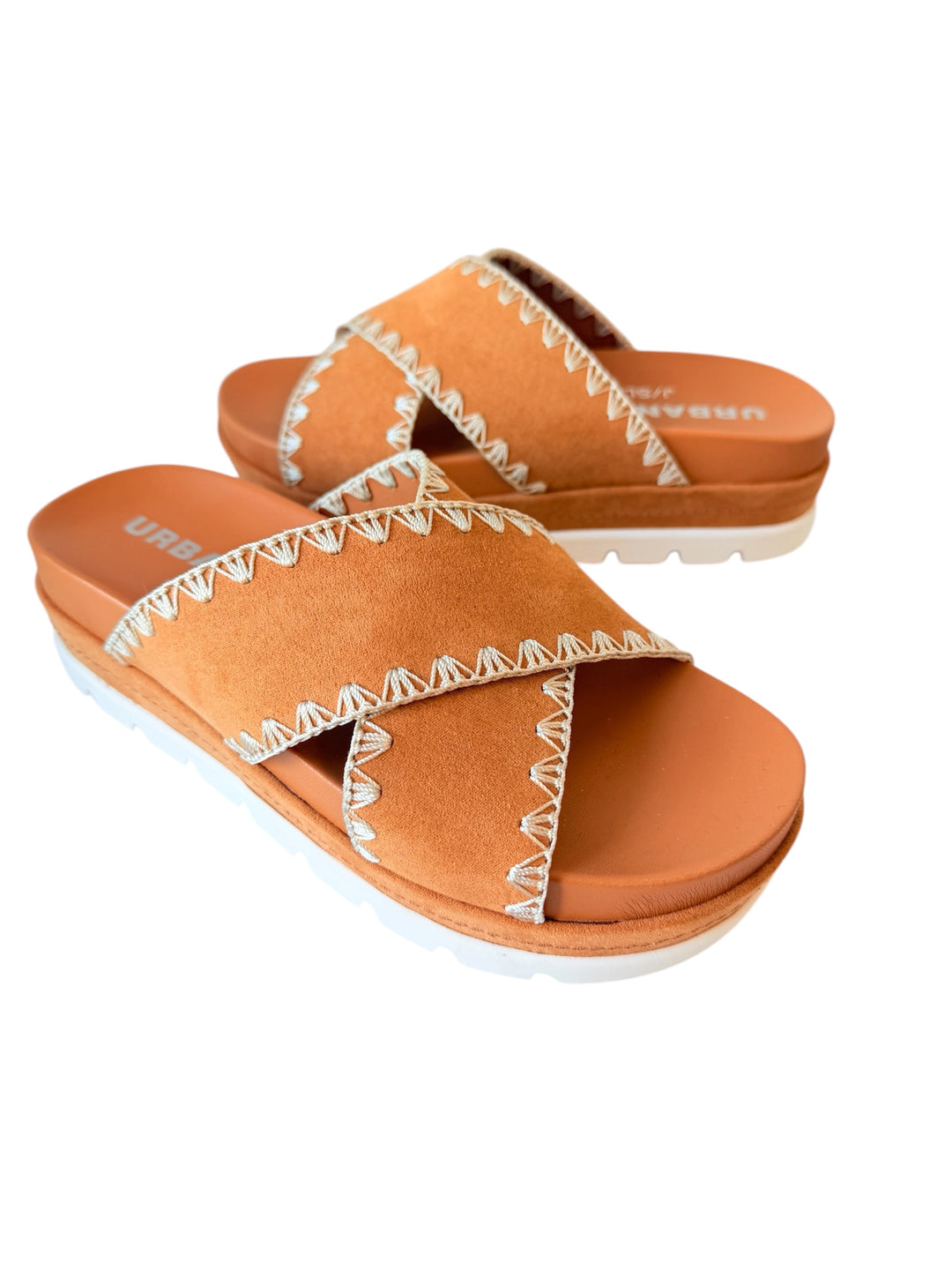J/Slides Urban Sport Tan Faux Suede Beck Slip On Sandals Size 6.5 New In Box