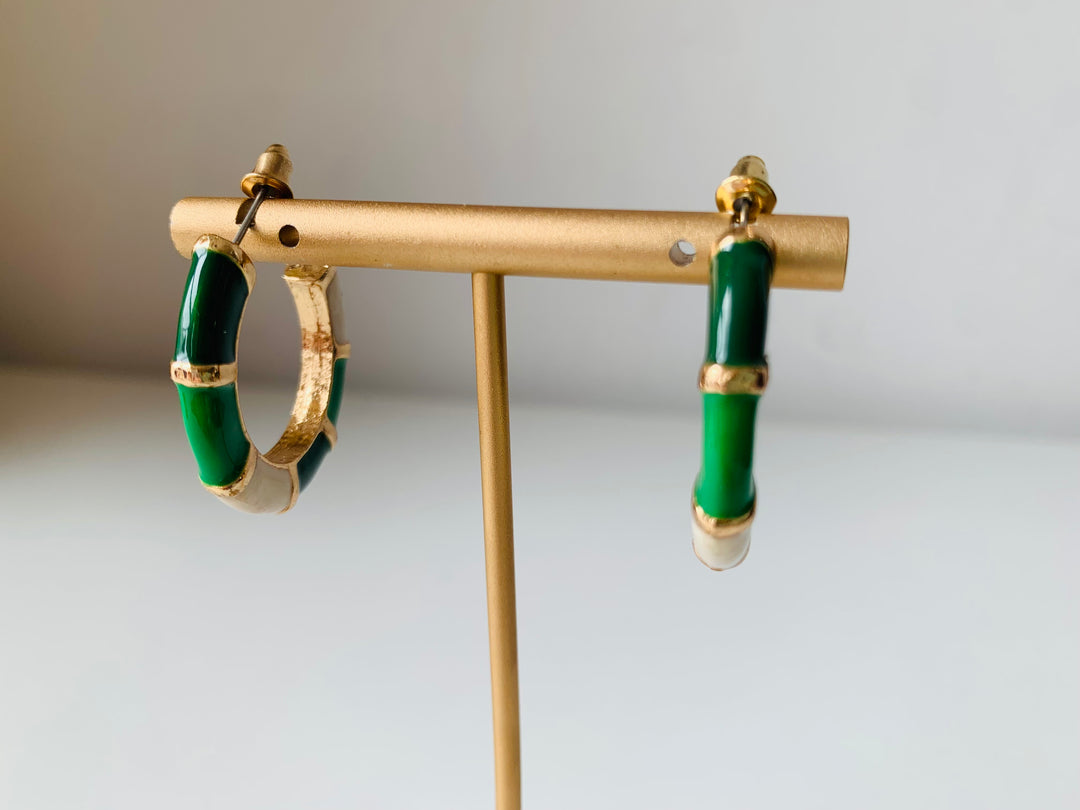 Green Enamel Earrings in Gold Tone