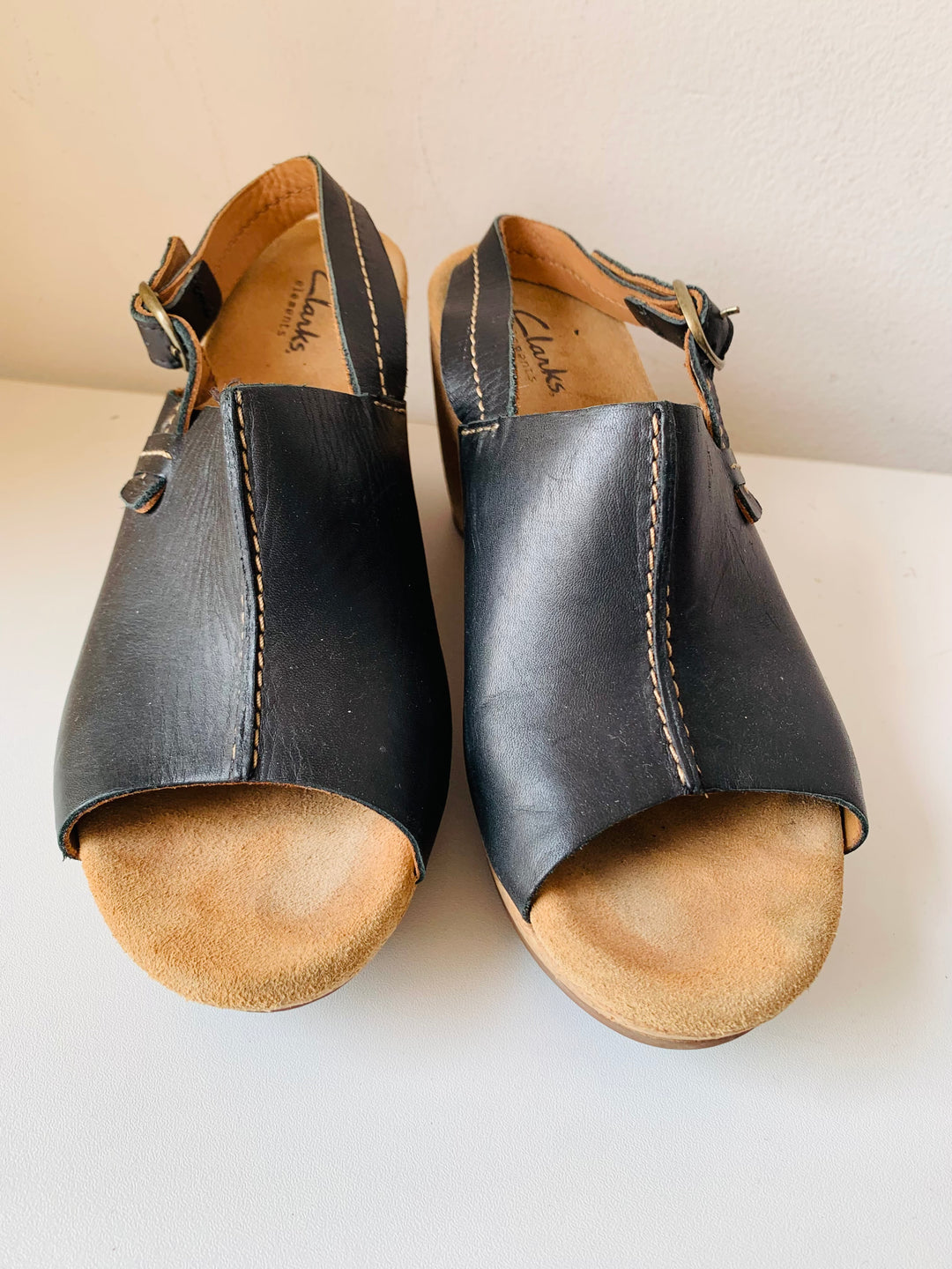 Clark’s Elements Black Leather and Cork Platform Sandals Size 8