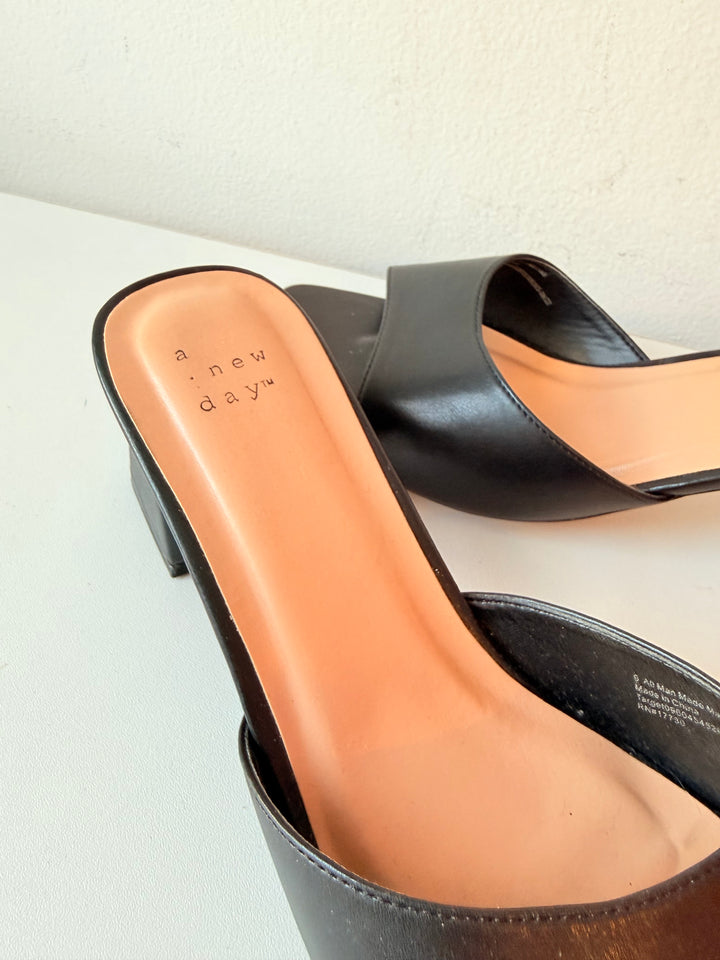 A New Day Black Slip On Block Heeled Sandals Size 9