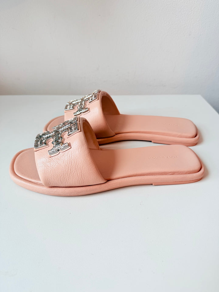 Tory Burch Double T Deco Rhinesone Sport Slides in Pink Goat Leather Size 8.5