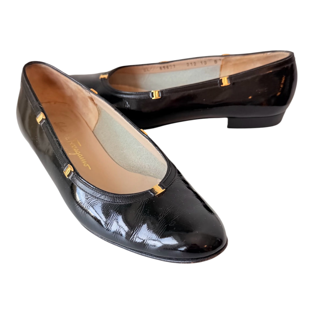 Salvatore Ferragamo Boutique Black Patent Leather Gold Detailed Ballet Flats Size 10 Women’s