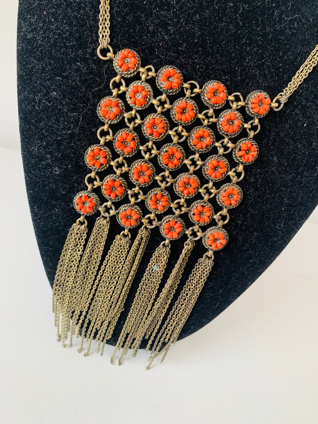 Orange and Gild Tone Fringed Statement Necklace