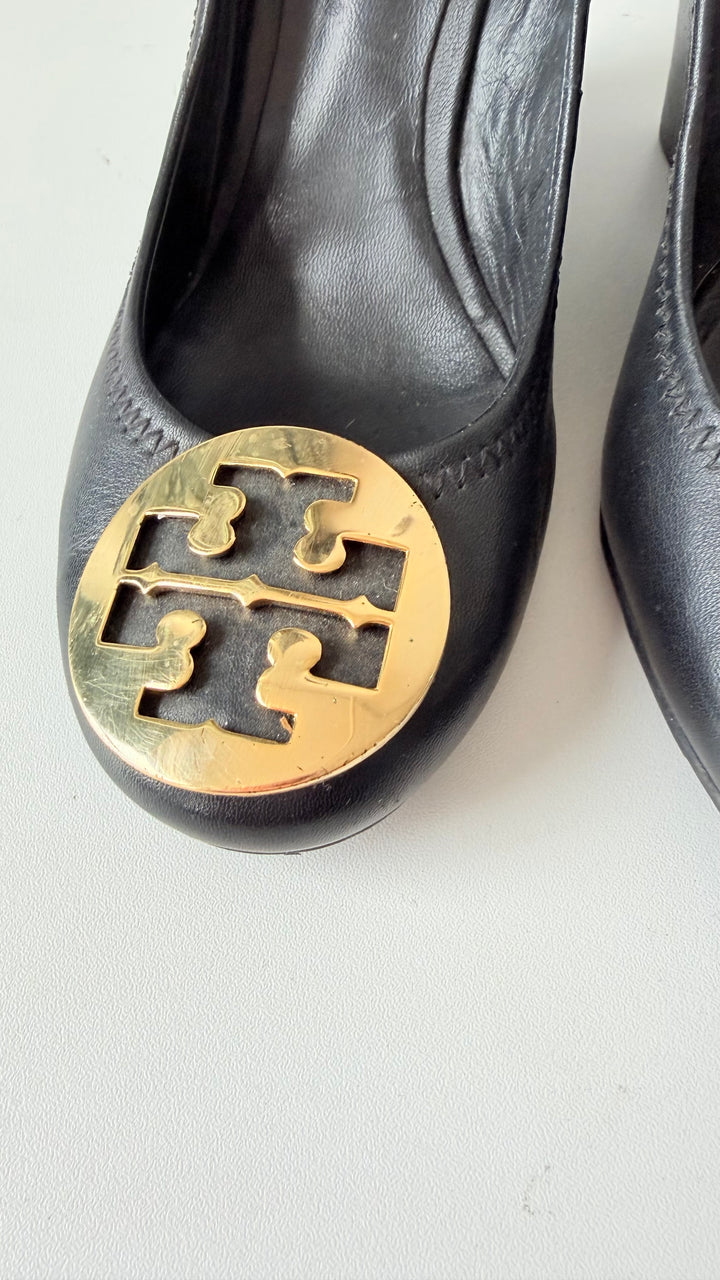 Tory Burch Sophie Black Leather Wedge Pumps Size 8.5