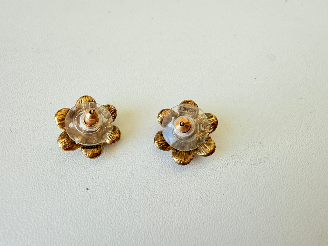 Vintage Monet Gold & Rhinestone Pierced Earrings