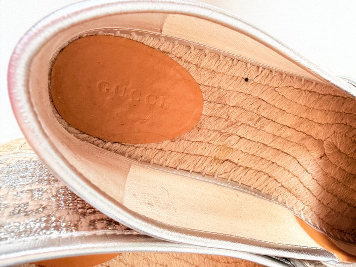 Gucci Heritage GG Lame Napa Silk Silver Monogram Espadrille Size 39