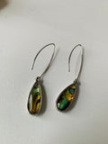 Teardrop Black Abalone Pierced Dangle Earrings in Silver Tone