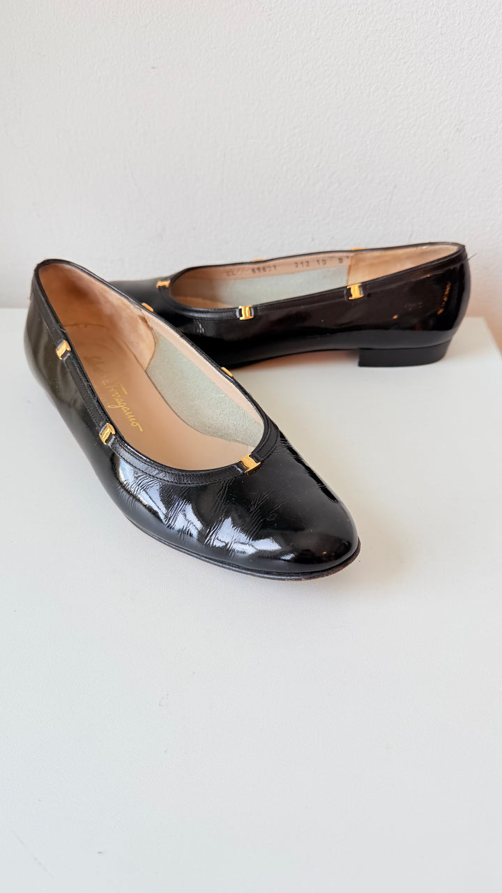 Salvatore Ferragamo Boutique Black Patent Leather Gold Detailed Ballet Flats Size 10 Women’s