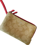 Coach 66506 Tan and Coral Pink Signature Double Corner Zip Wristlet In Coated Canvas