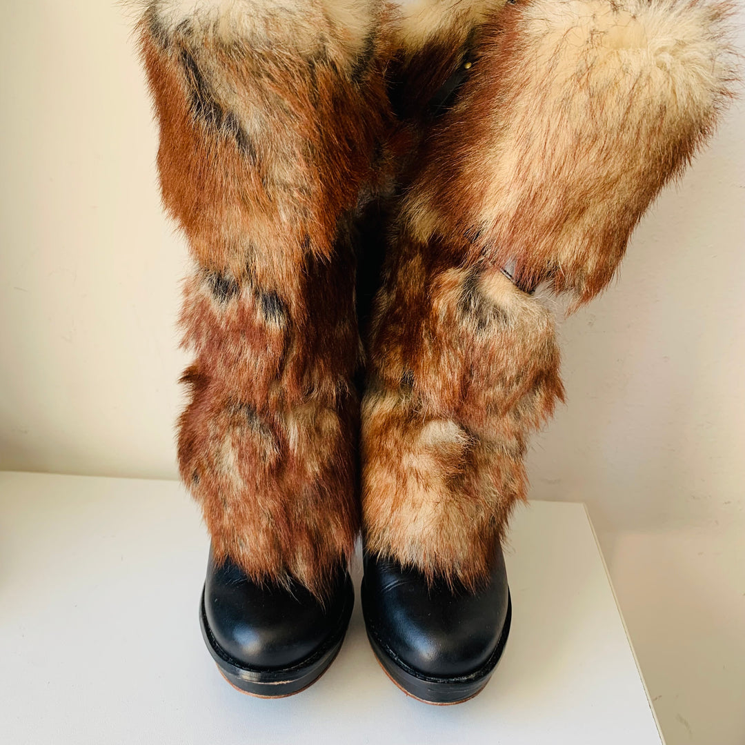 UGG Foxly Fur Leather Shearling Heeled Boots Size 6.5 In Brown Fur With Black Leather