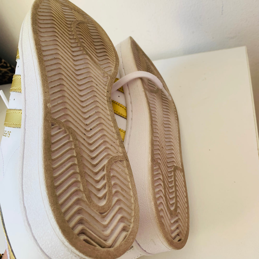 Adidas White and Gold Superstar Sneakers Size 9