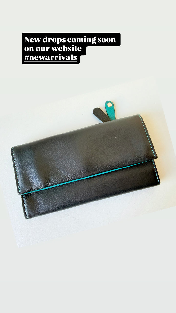 Bosca Leather Navy Blue & Aqua Fold Over Wallet