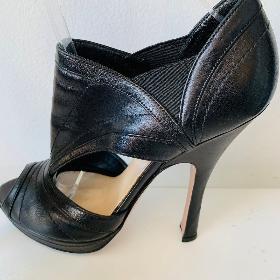 Prada Black Leather Peep Toe Platform Cut Out Heels Size 37.5 Authentic