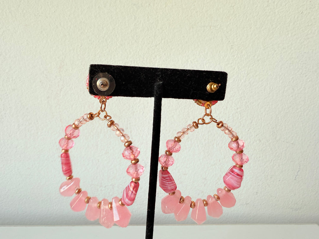 Pink Beaded Boho Style Post Pierced Hoop Earrings In Goldtone