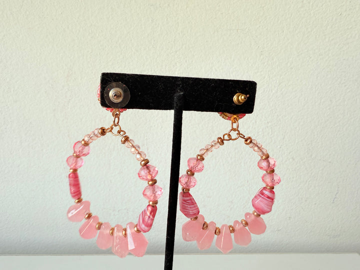 Pink Beaded Boho Style Post Pierced Hoop Earrings In Goldtone