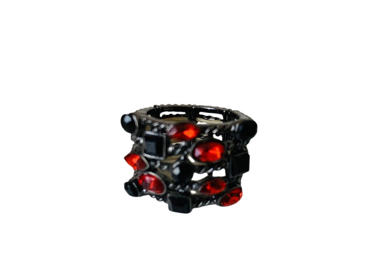 Red and Black Rhinestone Stretch Ring In Platinum Tone