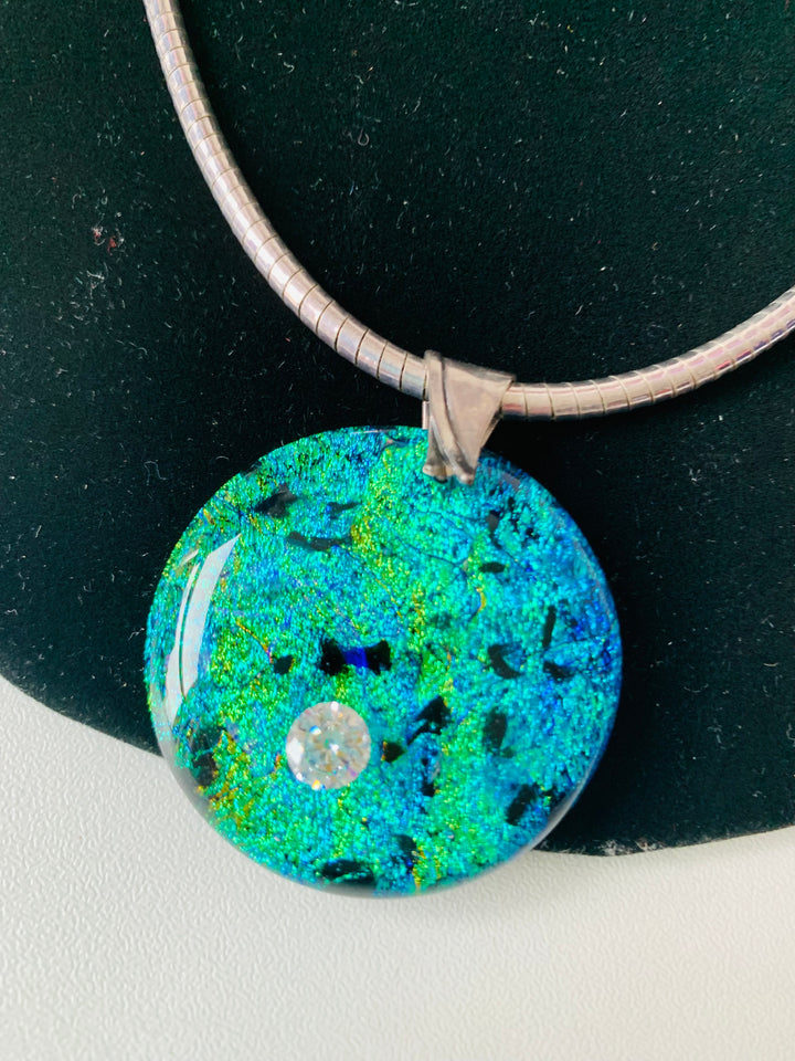 Sterling Silver and Glass Blown Blue Green Pendent Necklace Handmade