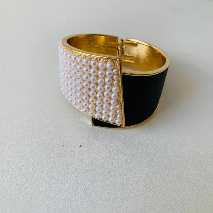 Pearl & Leather Cuff Hinged Bracelet