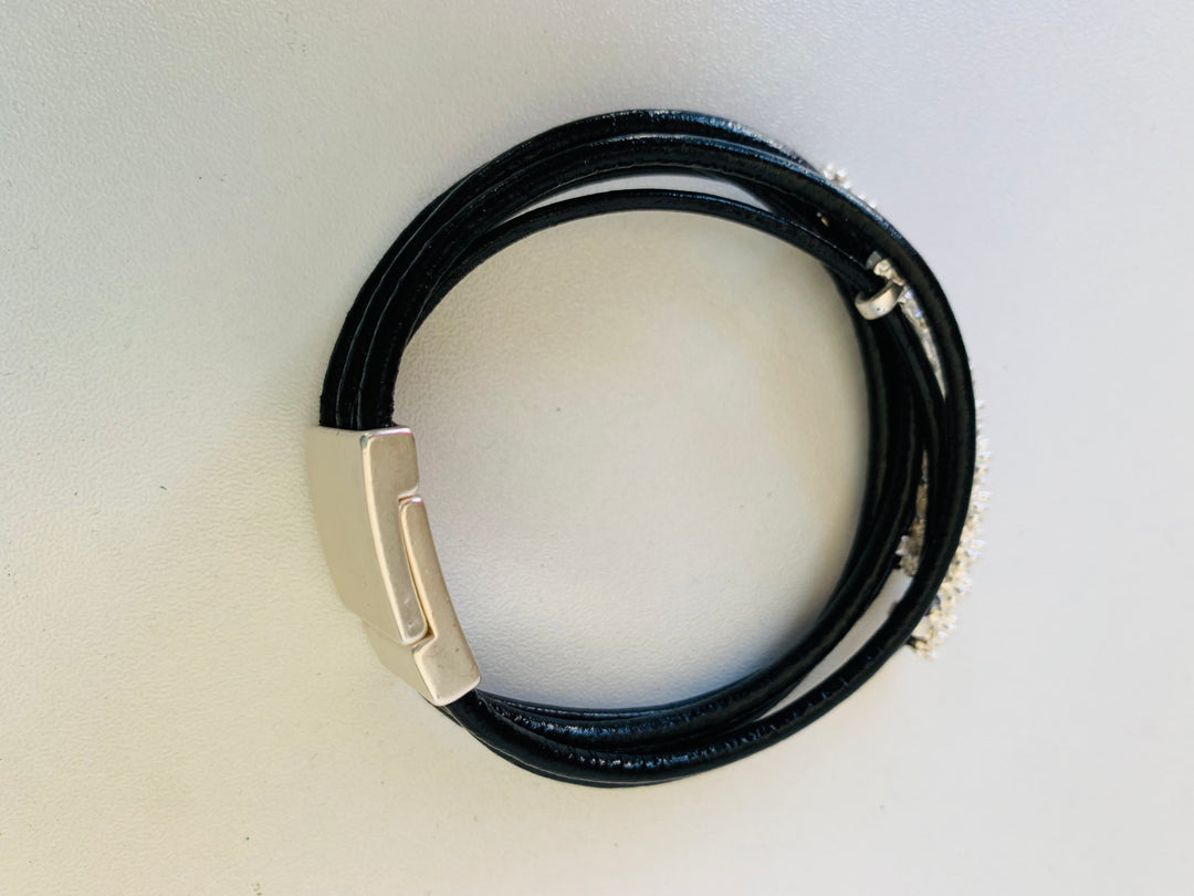 Black Rhinestone and Leather Magnetic Bracelet