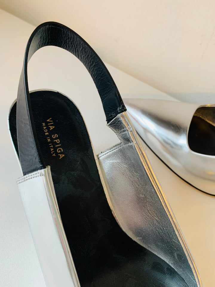 Via Spiga Silver Metallic Slingback Heels Size 8