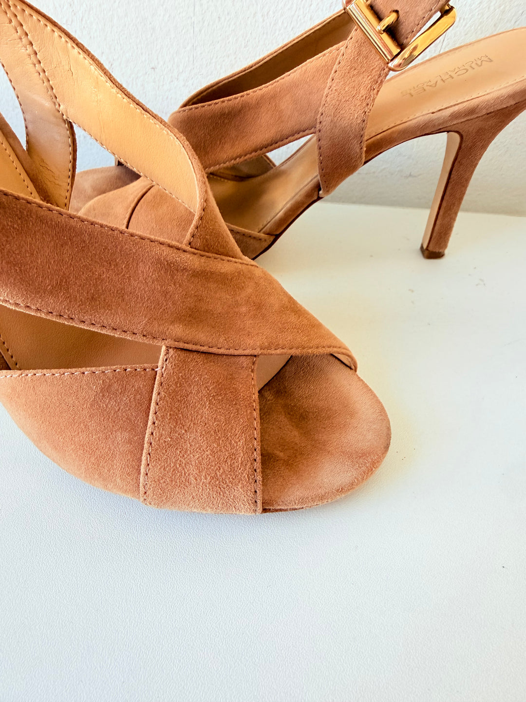 Michael Michael Kors Becky Suede Strappy Heeled Dark Khaki Sandals Size 7.5