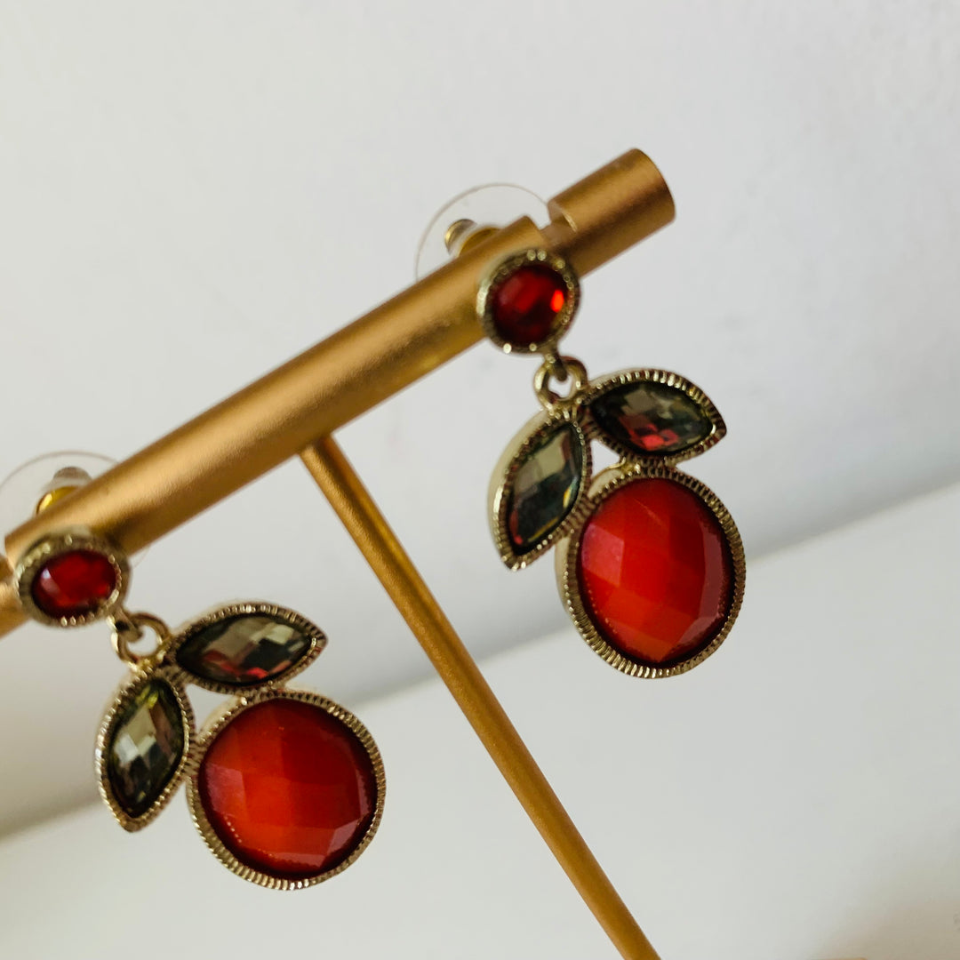 Red Stone and Rhinestone Pierced Earrings